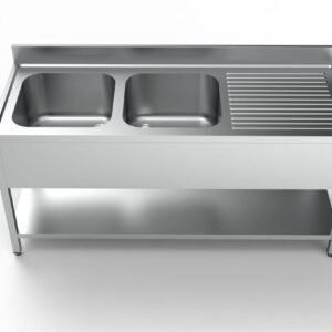 Edelstahl Spültisch PRO mit Grundboden 180 x 70 cm - 2 Becken links