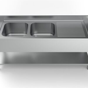 Edelstahl Spültisch PRO mit Grundboden 200 x 70 cm - 2 Becken links