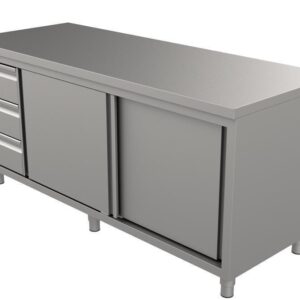 Edelstahl Arbeitsschrank Pro mit Schiebetüren 140 x 70 x 85 cm + 3er Schubladenblock links